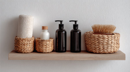 A beautifully arranged bathroom shelf featuring natural textures and essential body care products in sleek containers, enhancing a spa-like ambiance.の素材