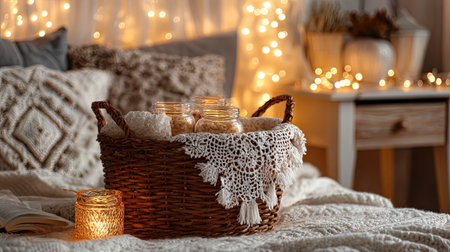 A serene bedroom setting featuring a woven basket filled with candles, soft textures, and warm light. Perfect for creating a cozy and relaxing atmosphere.の素材