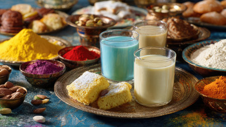 A vibrant arrangement of traditional Indian spices, sweets, and colorful beverages on a decorative table. Perfect for capturing festive culinary culture.の素材