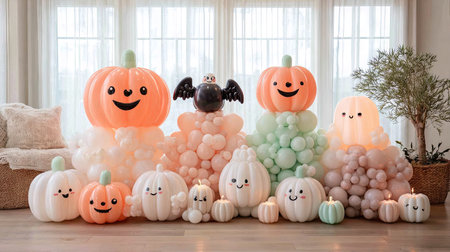 Adorn your space with delightful Halloween balloon decorations featuring charming pumpkin designs and soft pastel hues, perfect for any autumn celebration.の素材