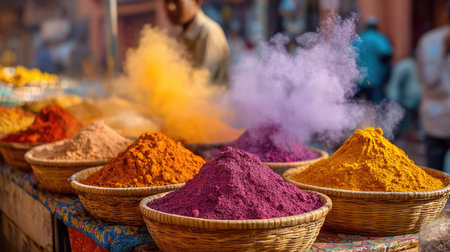 A stunning display of colorful spices and powders arranged in baskets at an outdoor market in India, showcasing vibrant hues and attracting shoppers.の素材
