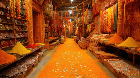 This stunning image showcases a vibrant Indian market filled with colorful spices, floral decorations, and rich textiles. The bright orange hues create a captivating atmosphere perfect for capturing the essence of local culture.の素材
