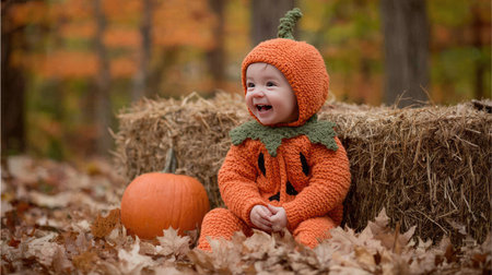 This adorable baby in a cozy pumpkin costume radiates joy and laughter amidst a beautiful autumn backdrop with colorful leaves and pumpkins.の素材