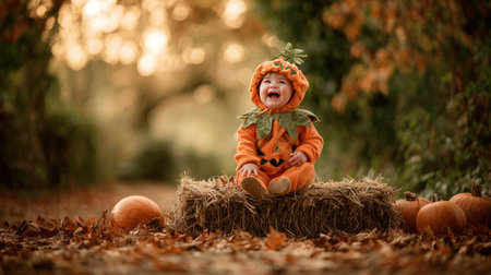 A joyful child dressed in an adorable pumpkin costume sits on a hay bale surrounded by colorful autumn leaves and pumpkins, capturing the essence of fall.の素材