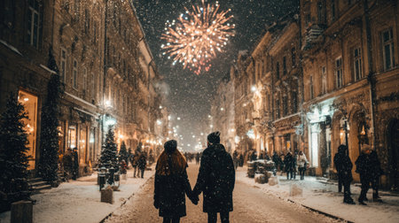 A romantic scene featuring a couple holding hands in a snowy street, surrounded by festive lights and fireworks above. The joyful atmosphere captures the magic of winter celebrations.の素材