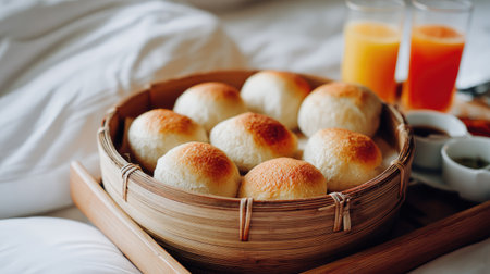 This inviting image features steamed buns in a bamboo steamer accompanied by refreshing juices, ideal for a cozy breakfast setting.の素材