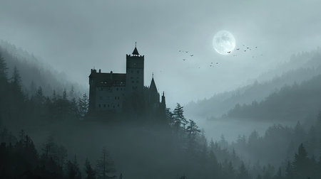 A captivating image of a gothic castle nestled among mist-covered trees under a glowing moon, creating a mysterious and enchanting atmosphere.の素材