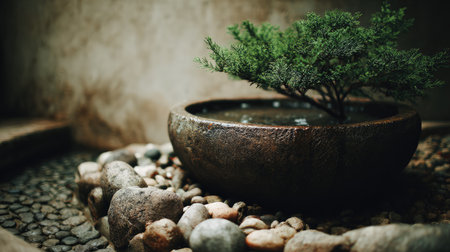This serene image features a lush bonsai tree in a rustic stone basin, surrounded by smooth pebbles, creating a calming zen garden atmosphere.の素材