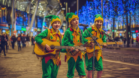Three young musicians don festive elf outfits as they perform joyfully on a bustling city street at night, surrounded by sparkling lights and an engaged crowd.の素材
