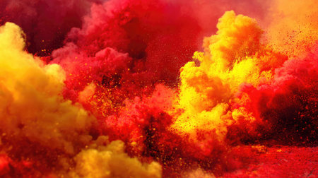 This image showcases an impressive explosion of red and yellow smoke clouds, creating a vivid and dynamic backdrop for festive occasions.の素材