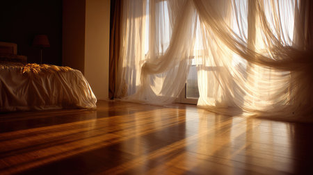 A cozy bedroom scene featuring sunlight pouring through sheer curtains, casting beautiful shadows on a polished wooden floor, creating a serene atmosphere.の素材