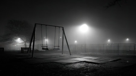 A hauntingly beautiful scene of empty swings in a foggy park at night, illuminated by distant streetlights, creating a tranquil and eerie atmosphere.の素材