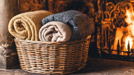 A beautifully arranged woven basket with soft blankets placed beside a glowing fireplace creates an inviting and warm atmosphere for any home.の素材
