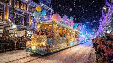 A vibrant festive parade features a beautifully lit trolley navigating through a snowy city street at night, surrounded by an excited crowd, creating a enchanting winter celebration atmosphere.の素材