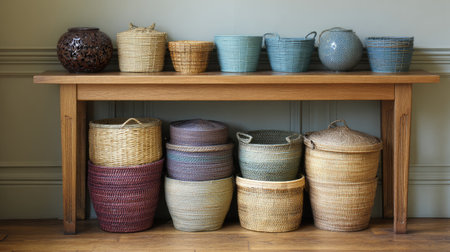 A beautifully arranged display of woven baskets sits on a wooden shelf, showcasing the harmony of natural materials and warm lighting. Perfect for home decor.の素材