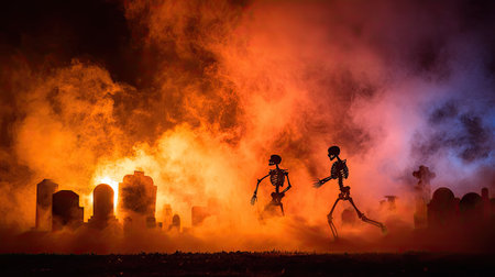 This captivating image features eerie skeletons dancing in a foggy graveyard against a dramatic sunset backdrop. The colorful sky and silhouetted tombstones create a haunting yet mesmerizing atmosphere, perfect for Halloween themes.の素材