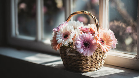 A charming display of a flower basket filled with pink and white blooms, resting by a sunlit window. This serene and inviting arrangement evokes warmth and beauty.の素材