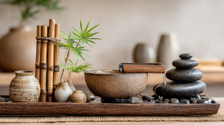 Explore a tranquil zen arrangement featuring natural elements such as bamboo, stones, and a water bowl, ideal for enhancing meditation and relaxation.の素材