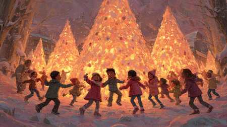 This enchanting image captures children joyfully celebrating around lit Christmas trees in a snowy landscape, radiating warmth and happiness.の素材