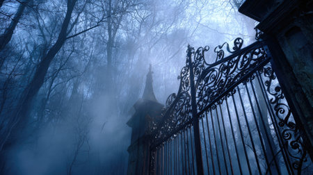 A mysterious fog envelops an ornate metal gate set against a dark forest backdrop, creating an eerie and chilling atmosphere perfect for horror themes.の素材