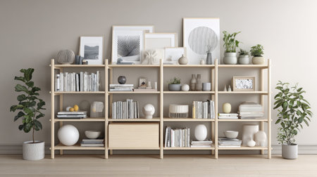 A stylish and minimalist bookshelf creatively arranged with books, decorative objects, and indoor plants, perfect for enhancing modern interior spaces.の素材