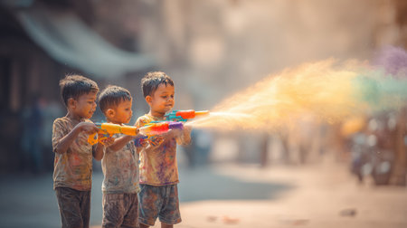 Three joyful children engage in a lively water gun fight during a vibrant Holi celebration, surrounded by colorful splashes under the warm sun.の素材