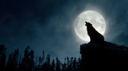 A striking silhouette of a wolf howling at a bright full moon, against a dark forest backdrop. This image captures the essence of wilderness and tranquility.の素材