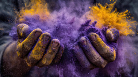 Close-up of hands filled with vibrant purple and yellow powdered colors, symbolizing joy and creativity in a festive atmosphere, showcasing vibrant textures.の素材