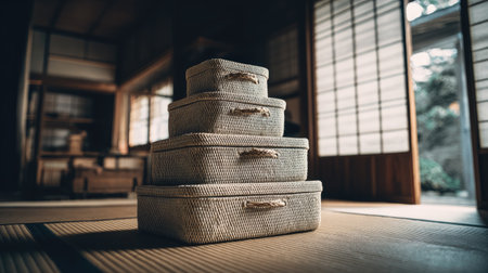 This image showcases a serene arrangement of vintage woven baskets stacked harmoniously within a traditional Japanese interior, featuring soft natural light.の素材