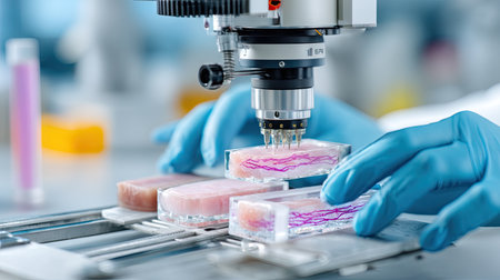 A skilled scientist prepares biological samples under a microscope in a modern laboratory, focusing on accuracy and precision for research analysis.の素材
