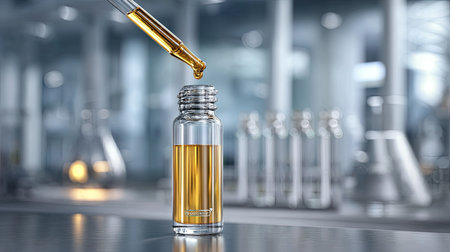 A detailed close-up image showcasing a dropper dispensing liquid into a clear glass bottle, set in a modern laboratory environment, highlighting precision and clarity.の素材