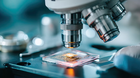 A detailed close-up of an advanced microscope examining a microchip on a laboratory table, showcasing precision optics and glowing elements.の素材