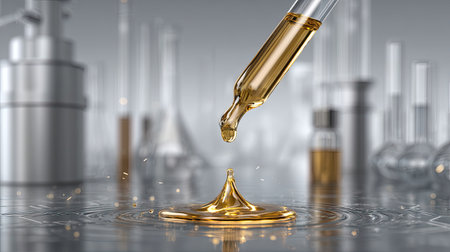 This image captures a close-up view of a golden liquid droplet falling from a pipette onto a reflective surface, surrounded by laboratory glassware.の素材