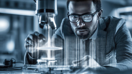A focused scientist utilizes a microscope to conduct intricate analysis in a modern laboratory. High-tech data visuals reflect innovation and precision, representing the future of scientific research.の素材