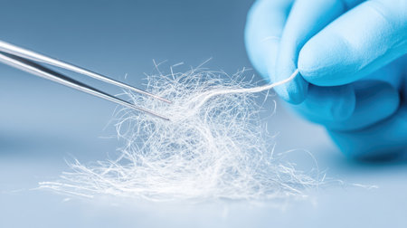 A detailed close-up image showcasing a gloved hand using tweezers to hold a thin white fiber against a soft background, ideal for scientific and medical concepts.の素材