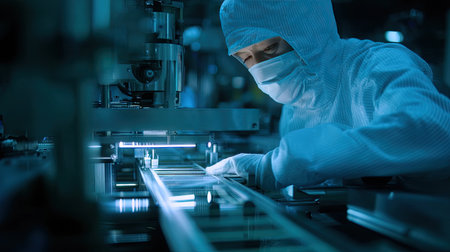 A dedicated technician in a cleanroom setting carefully works on advanced equipment, emphasizing precision and quality in a high-tech environment.の素材