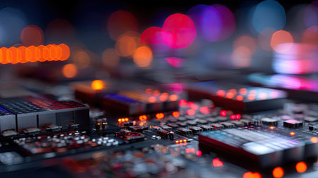 This striking close-up image showcases a circuit board with various electronic components illuminated by colorful lights. The soft focus creates a mesmerizing bokeh effect, emphasizing the intricate details and vibrant colors of the technology, making it perfect for digital themed projects.の素材