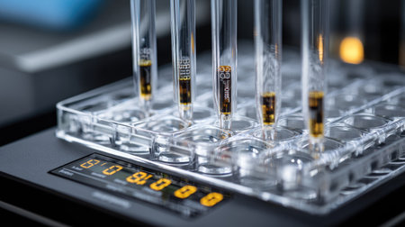 Close-up image showcasing test tubes filled with liquid samples on a laboratory digital display, emphasizing scientific research and precise measurements.の素材