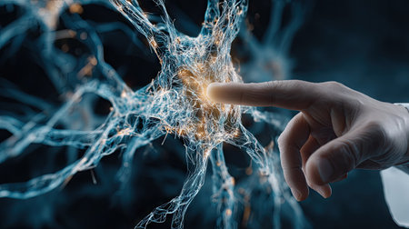 A close-up view of a human finger touching a glowing neuron, illustrating the intricate connections and electrical impulses in brain activity and research.の素材