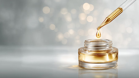 A stunning closeup of a golden oil drop falling from a pipette into a glass jar, set against a soft, blurred background, evoking luxury and elegance.の素材