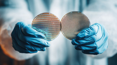A scientist in a clean room environment carefully holds two semiconductor wafers with blue gloves, showcasing advanced technology and precision in research and engineering.の素材