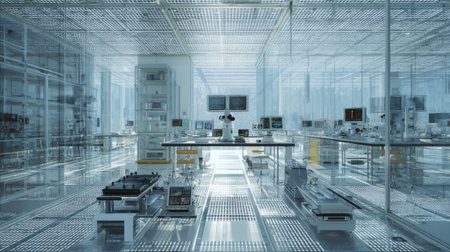 This image features a sleek laboratory filled with advanced technology and equipment, highlighting a clean and modern workspace ideal for research and innovation.の素材