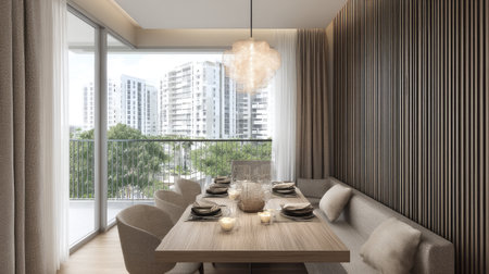 A beautifully designed modern dining room showcasing an elegant table setting, soft colors, and ample natural light. Panoramic city views brighten the space, creating a warm and inviting atmosphere ideal for gatherings.の素材