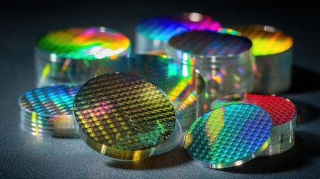 This captivating image showcases colorful optical elements featuring unique patterns and reflections on a dark surface, ideal for technology and science applications.の素材