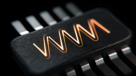 This close-up image showcases a microchip featuring a unique design and glossy finish against a dark background, emphasizing modern technology and innovation.の素材