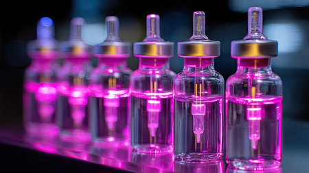 A captivating image of several glass vials filled with clear liquid, illuminated by a striking pink light. The vials, each featuring a slim pipette top, are showcased in a laboratory environment, highlighting the intersection of science and aesthetic design.の素材