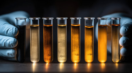 A series of eight test tubes filled with liquids of varying colors resting on a laboratory bench, with gloved hands carefully holding them, perfect for scientific themes.の素材