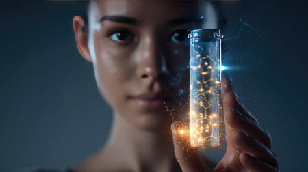 A young woman gazes intently at a transparent test tube containing glowing particles, symbolizing scientific exploration and innovation in genetics.の素材