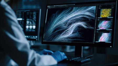 A focused scientist examines intricate data visualizations on dual computer screens, highlighting abstract lines and patterns as part of a modern research project.の素材