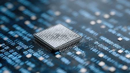 This high-resolution image showcases a microprocessor placed on a detailed circuit board, surrounded by binary code, illustrating modern technology and computing advancements.の素材